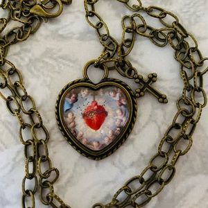 Sacred Heart Surrounded by Cherubs Brass Heart Necklace